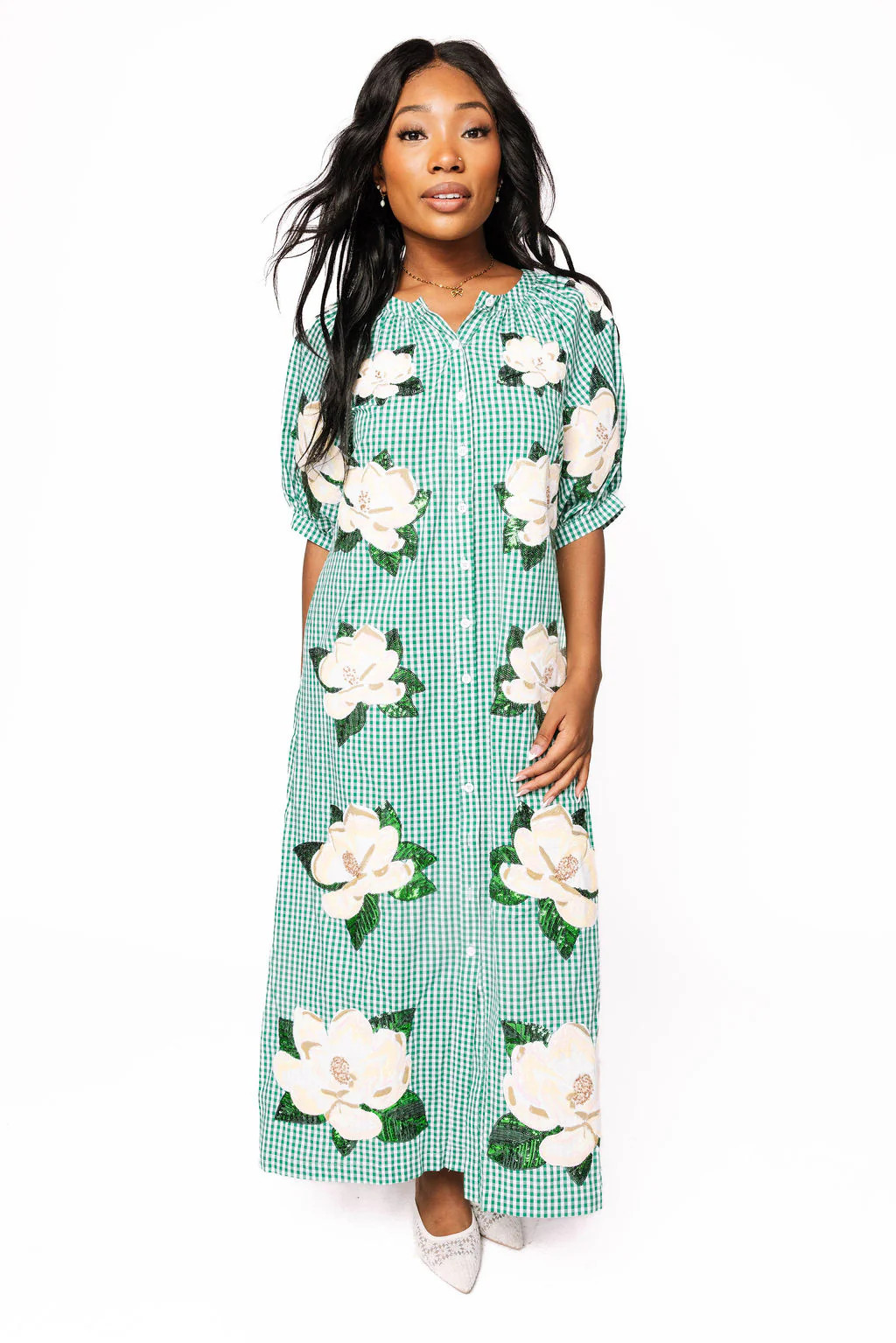Green & White Gingham Magnolia Button Up Cotton Midi Dress | Queen of Sparkles