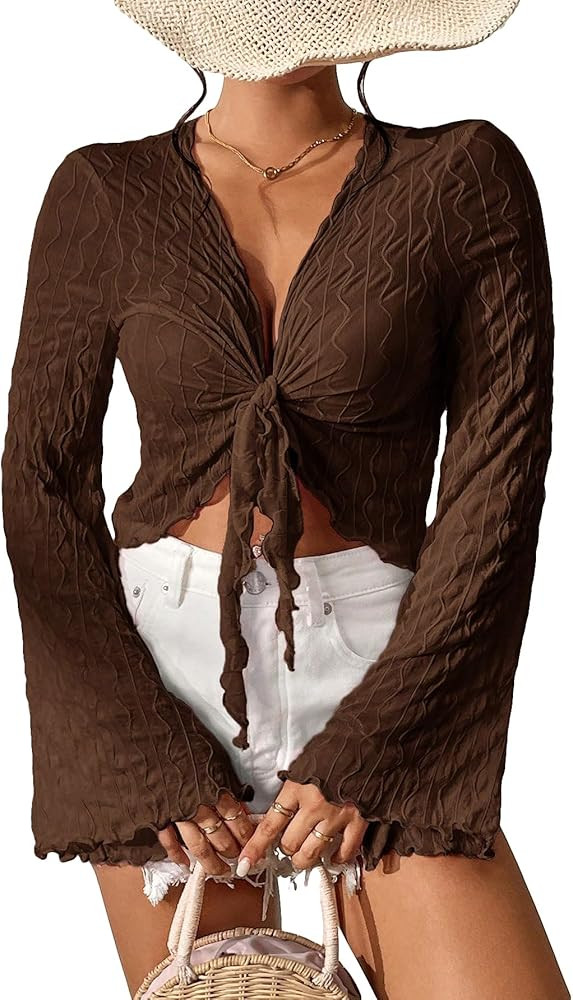 SweatyRocks Women's Long Flounce Sleeve Deep V Neck Crop Top Tie Knot Front Mesh Crop Shirt Blous... | Amazon (US)