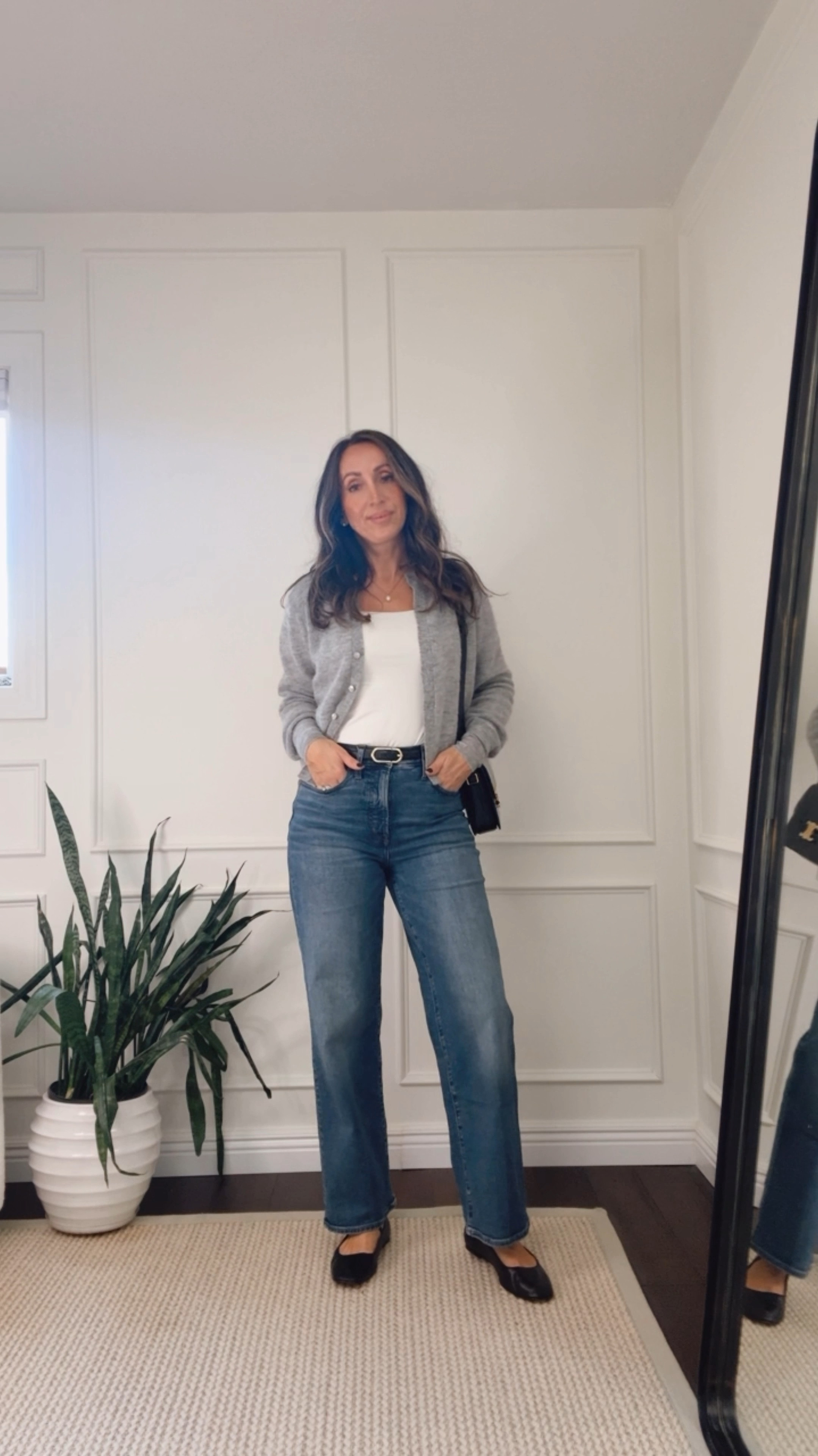 This lightweight cardigan is way nicer in person. Wearing xs. 
Wide leg jeans Jeans - super comfortable and run true to size.
Long sleeve square neck tee in xs. 
Flats - very comfortable. True to size.  
My belt is old- linking similar styles.  

#LTKFindsUnder100 #LTKShoeCrush #LTKStyleTip