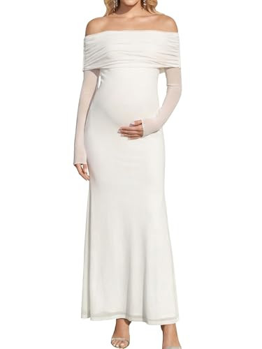 KUTUMAI Off Shoulder Strecth Maternity Dress Long Sleeve Floral Maxi Wedding Guest Pregnancy Baby Shower Photoshoot Dresses White S | Amazon (US)