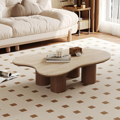 48.42" Cloud Coffee Table for Living Room, Mid-Century Modern Coffee Table with Wood Legs, Unique Travertine Stone Top Living Room Table Large Tea Table for Home Office | Amazon (US)