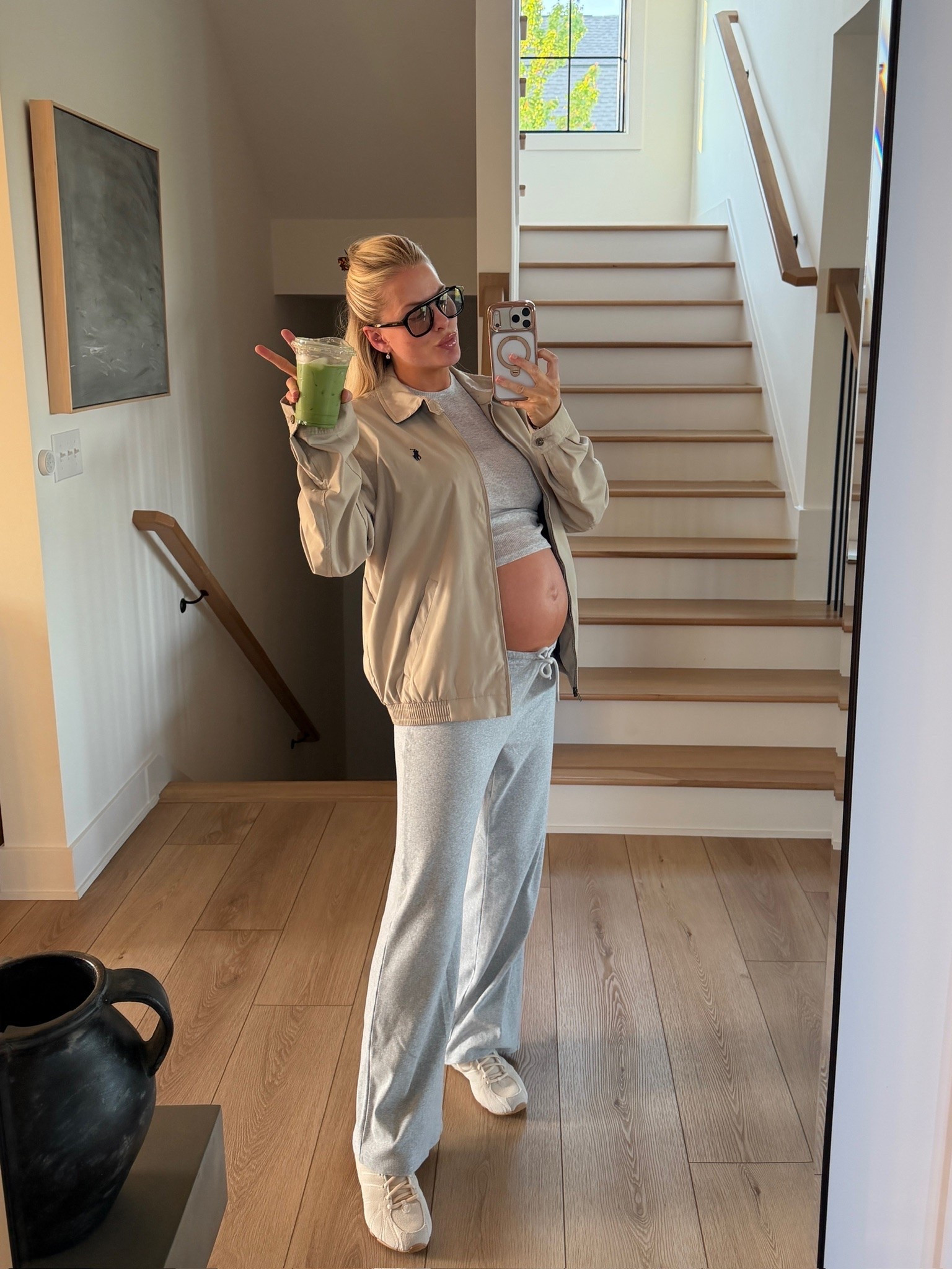 SIZE: large in tee (light heather gray-sized up for pregnancy), medium in jacket (technically men’s), small in pants (heather chrome), shoes run tts, code kathleen20 on earrings! #kathleenpost

Spring transition outfit, spring outfit 2026, bump friendly, maternity look, errands outfit

#LTKootd #LTKSeasonal #LTKBump