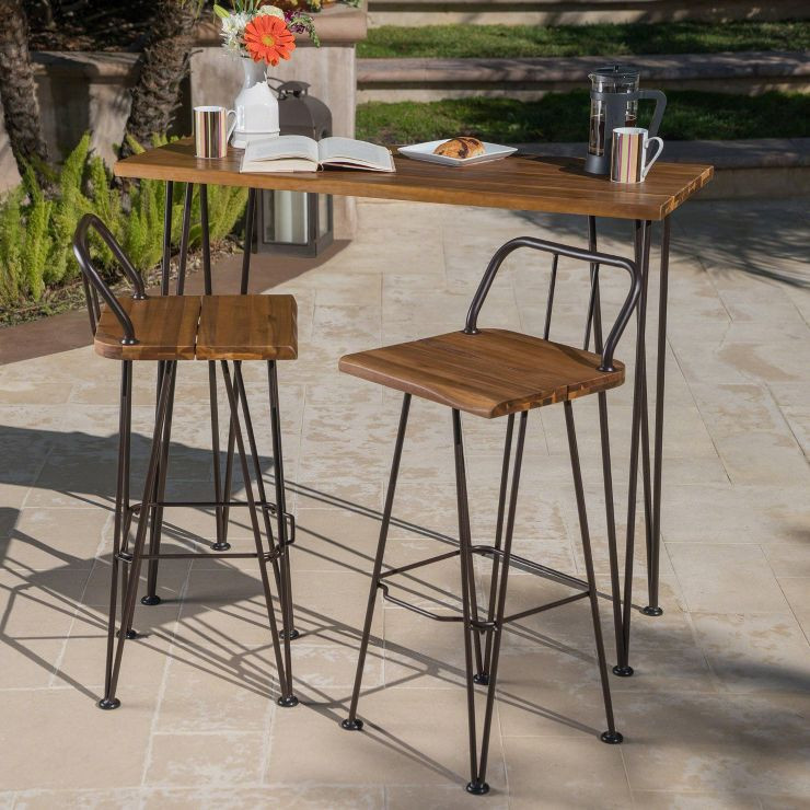 Denali 3pc Acacia Wood Industrial Patio Bar Set - Teak - Christopher Knight Home | Target