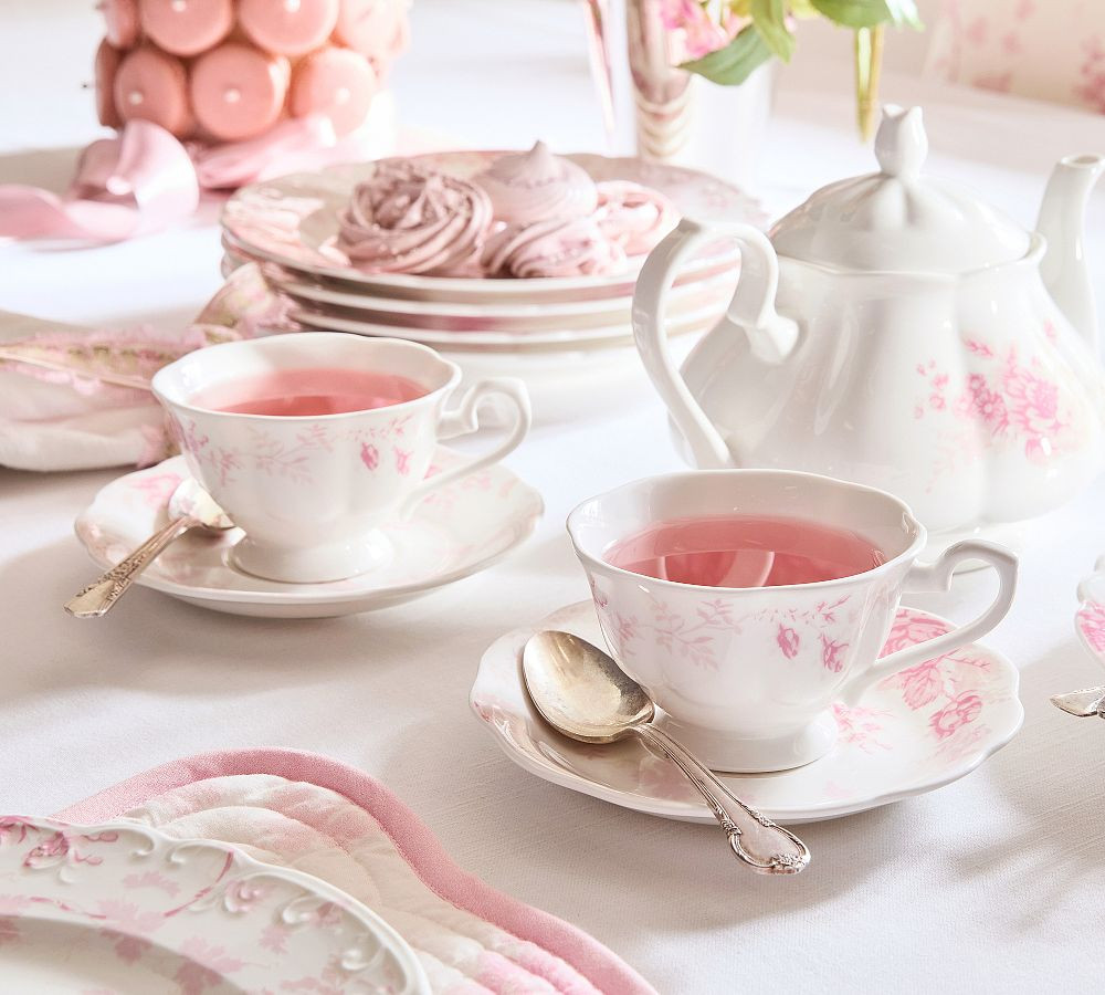 LoveShackFancy Pink Rose Teacups & Saucers - Set of 2 | Pottery Barn (US)