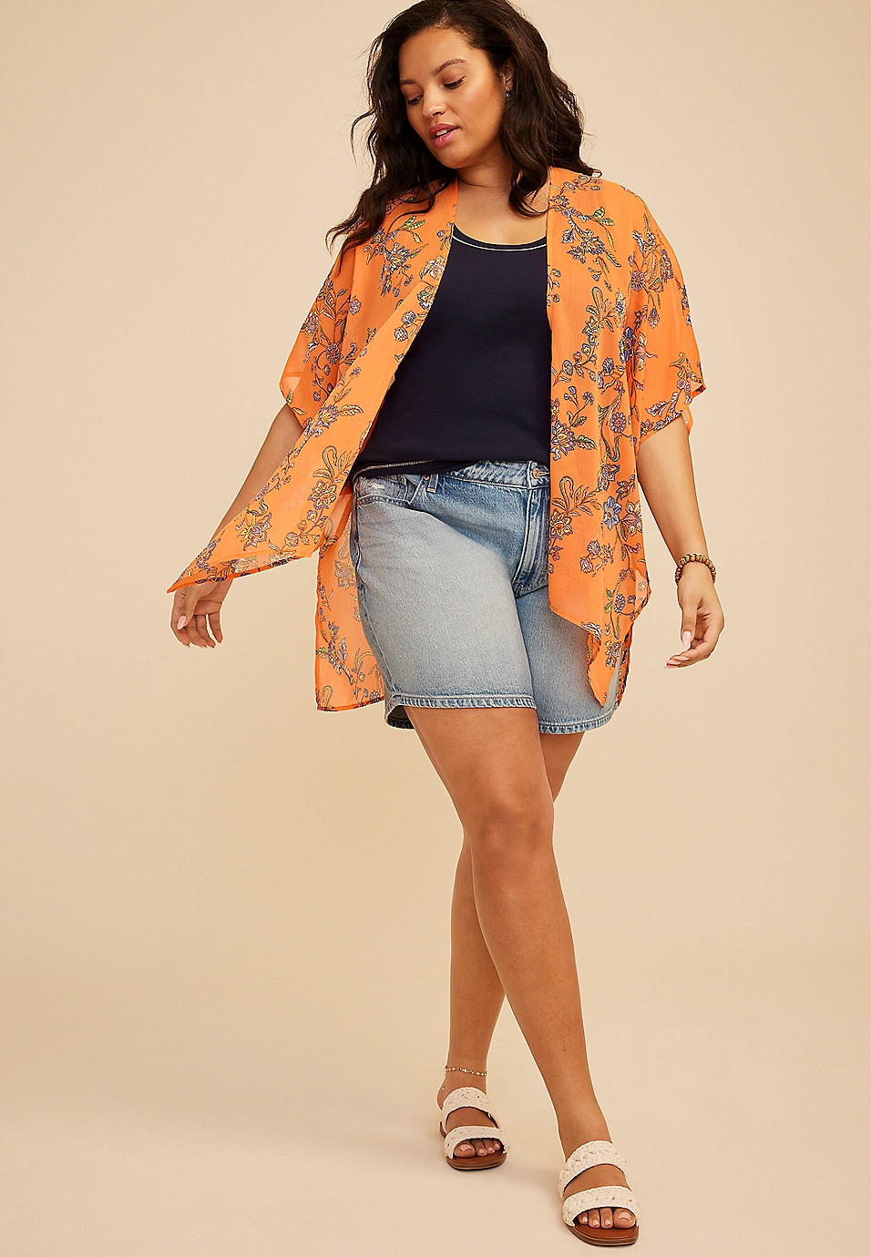 Orange Floral Open Front Kimono | Maurices