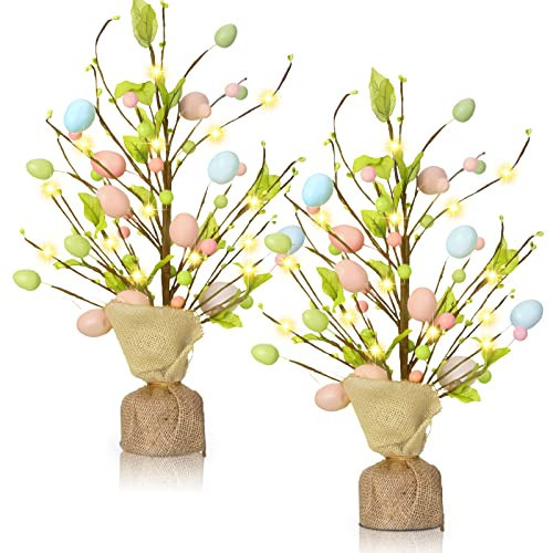 Marsui 2 Pcs Easter Egg Tree Decorations 18 Inch Pre Lit Easter Egg Tree Tabletop Decor with LED Light Spring Party Decoration Gifts for Home Table Centerpieces Pastel Blue Pink Yellow | Amazon (US)
