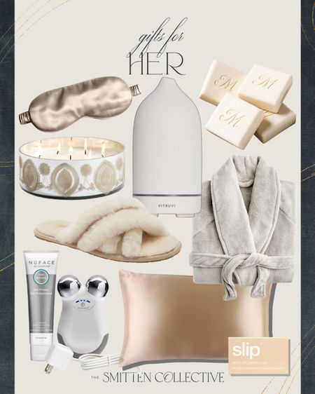 Gifts for her include robe, Slip pillow case, slippers, personalized soap, diffuser, silk mask, candle, mini facial toning device.

Gift guide, gifts for her, gifts for mom, gifts for wife, Christmas gift ideas

#LTKGiftGuide #LTKfindsunder100 #LTKHoliday