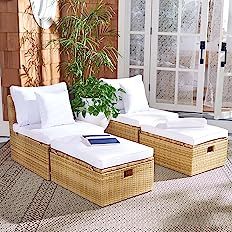 Safavieh Outdoor Collection Pramla Natural/White Cushion Settee with Storage Ottoman (Set of 2) P... | Amazon (US)