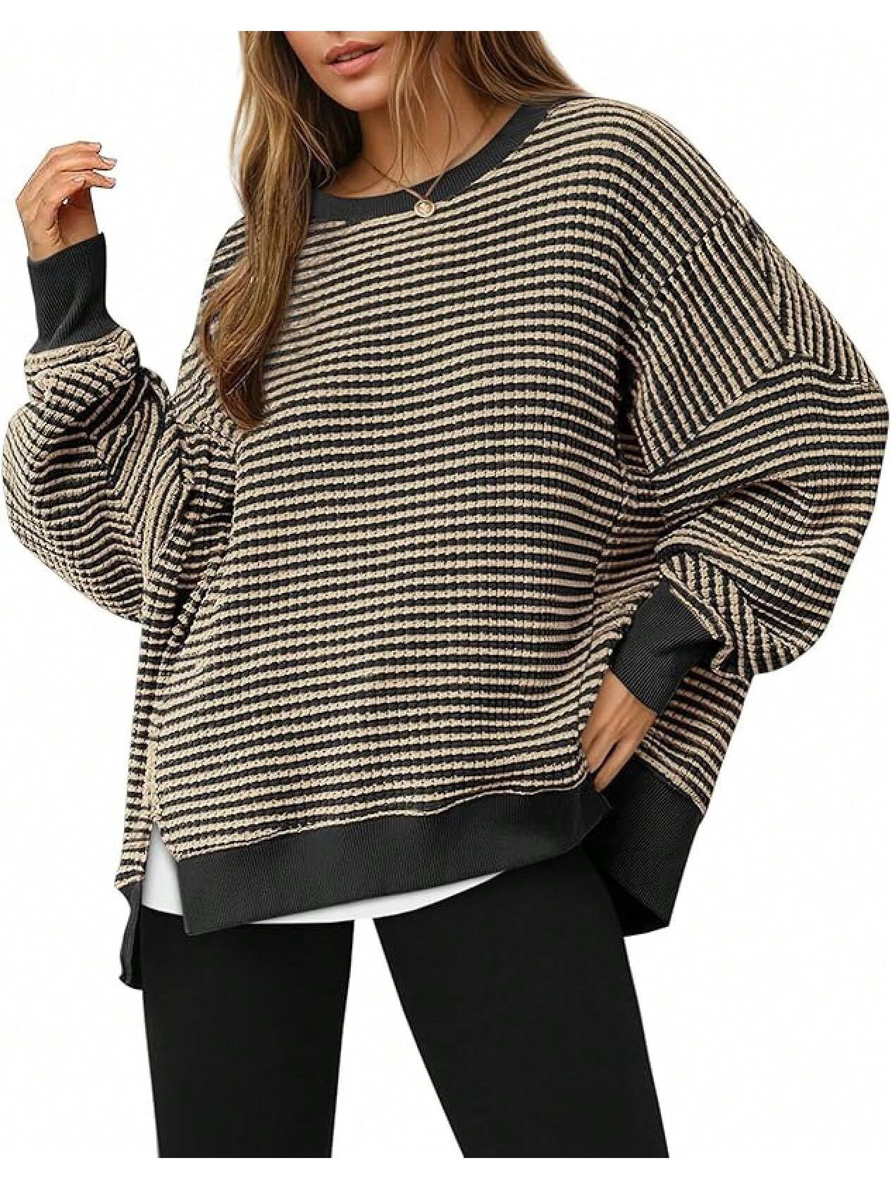 Fisoew Women's Fall Oversized Sweatshirt Casual Waffle Knit Long Sleeve Crewneck Split Pullover T... | SHEIN