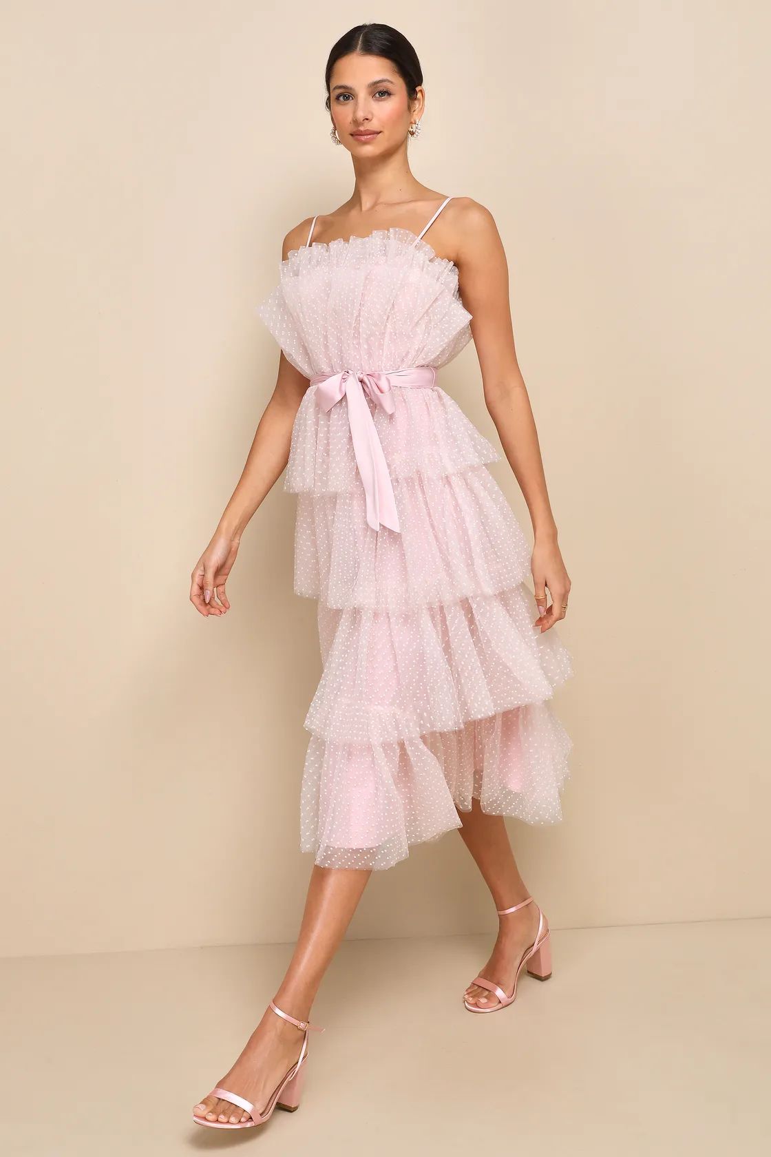 Wishing for Whimsy Blush Pink Swiss Dot Ruffle Tiered Midi Dress | Lulus