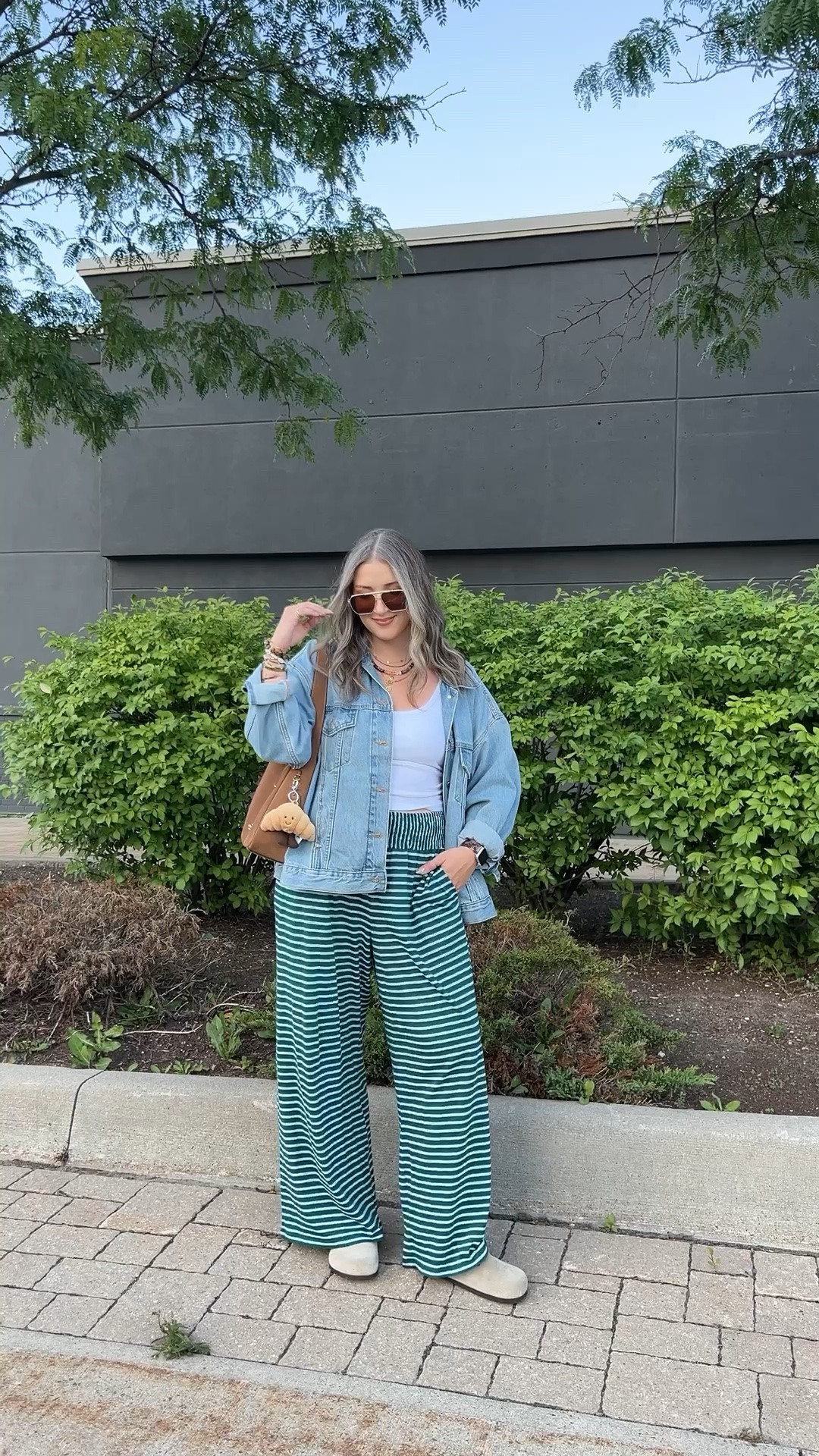 Comfy fall outfit! Wearing M in the bra free tank and L in the striped pants. Also linked similar sweater material pants for cooler weather! Sized up to XL in the denim jacket for an oversized fit. I’m a 9.5-10 shoe and wear a 40 in the Birkenstocks

#LTKsale #LTKfall #LTKmidsize