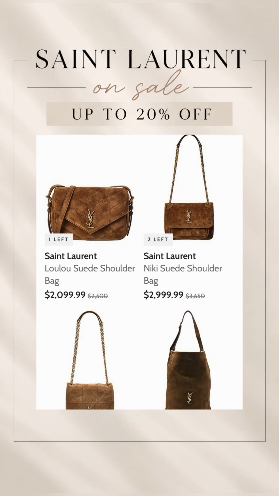 SAINT LAURENT BAGS UP TO 20% OFF 🤎

If a Saint Laurent bag has been on your wishlist, this sale is worth checking out. @gilt has select Saint Laurent designer bags up to 20% off, including gorgeous brown suede bags that are SO good for fall. 🍂

I love the combination of rich brown suede and a timeless designer silhouette—it gives that understated, elevated look that works with practically everything.

Saint Laurent bags | Saint Laurent sale | YSL bags on sale | Saint Laurent suede bag | brown suede designer bag | designer bags on sale | luxury handbag sale | brown designer bag | fall designer bags | quiet luxury bags | luxury bags for fall | Gilt designer sale

#SaintLaurent #DesignerBags #LuxuryBags #LTKStyle