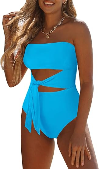Viottiset Women's Bandeau One Piece Swimsuit Strapless Tie High Cut Out Bathing Suit | Amazon (US)