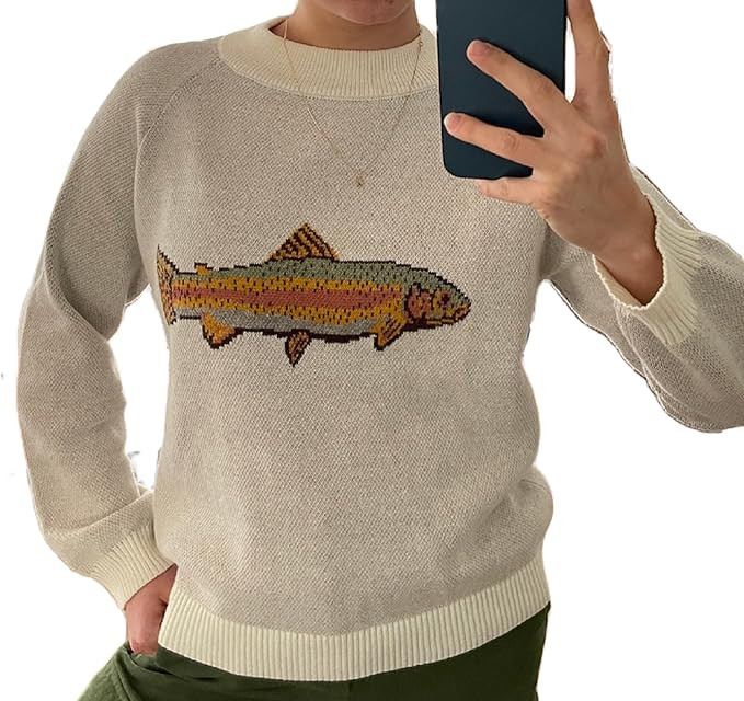 Women Y2k Fish Sweater Cute Graphic Long Sleeve Crewneck Knit Pullover Top Fall Vintage Knitwear ... | Amazon (US)