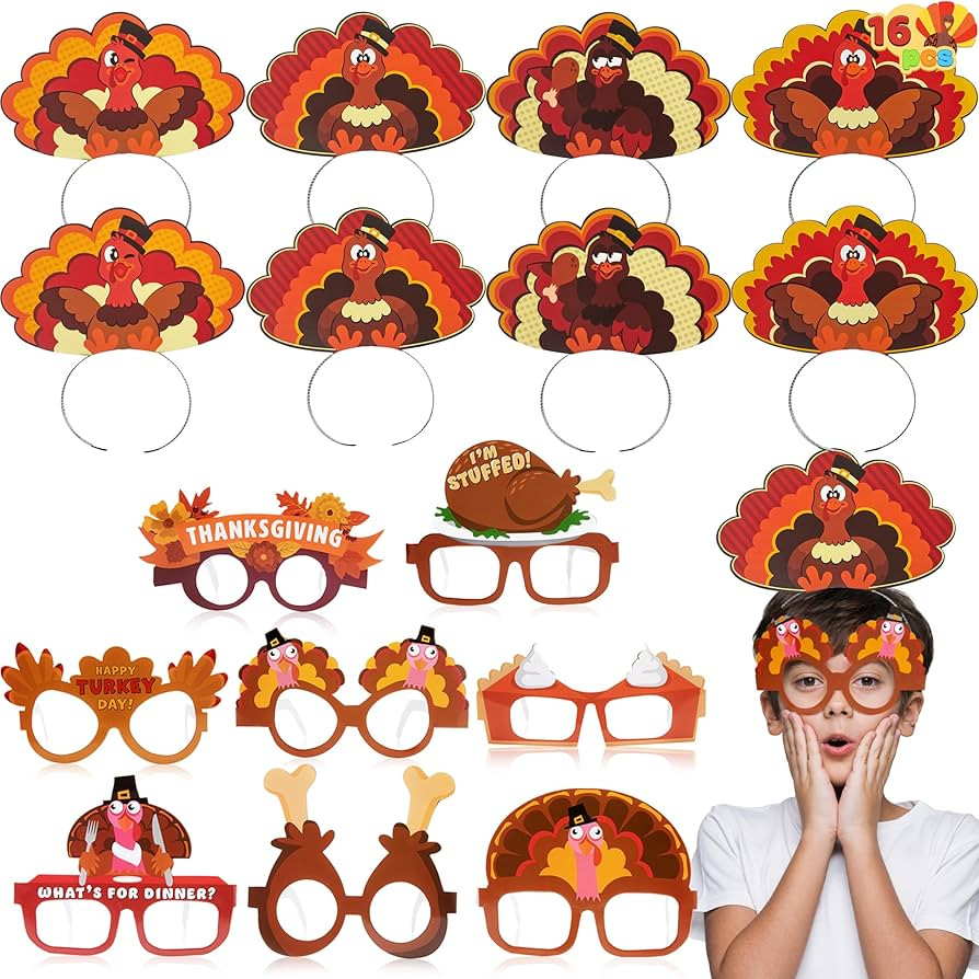 JOYIN Thanksgiving Turkey Headbands and Glasses Frame (16 Packs), Holiday Headbands and Glasses F... | Amazon (US)