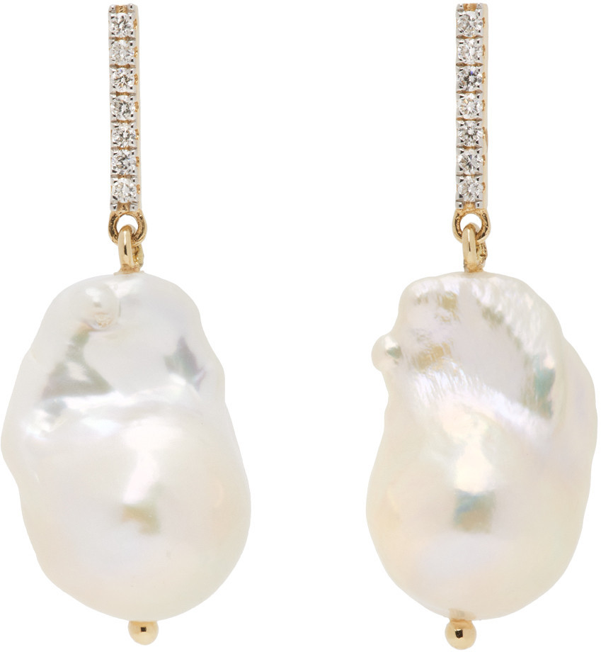 Mateo White Diamond Bar Baroque Pearl Earrings | SSENSE