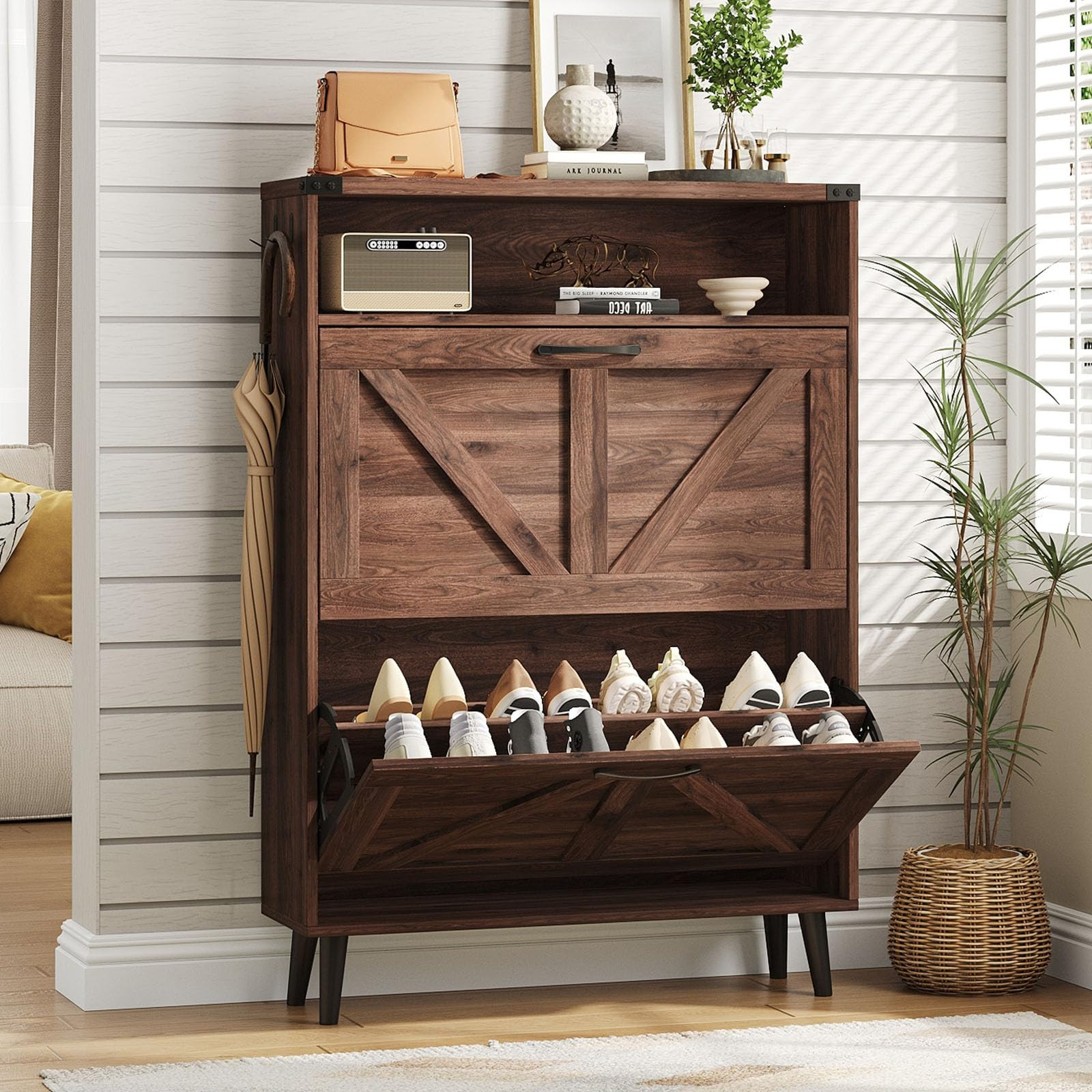 Vabches Shoe Storage Cabinet with 2 Flip Drawers,Freestanding Narrow Shoe Organizer with Open Sto... | Amazon (US)