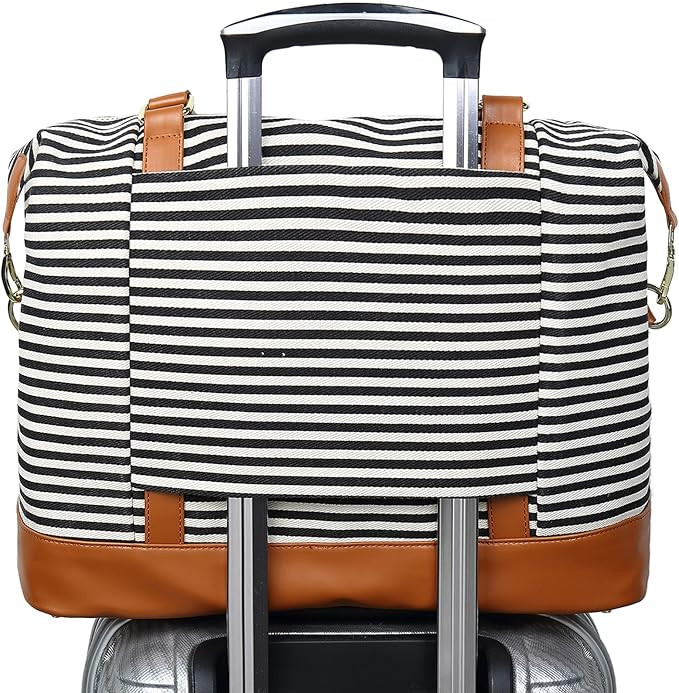 CAMTOP Women Ladies Travel Bag Canvas Weekend Overnight Carry On Luggage Bags(Black and White Str... | Amazon (US)