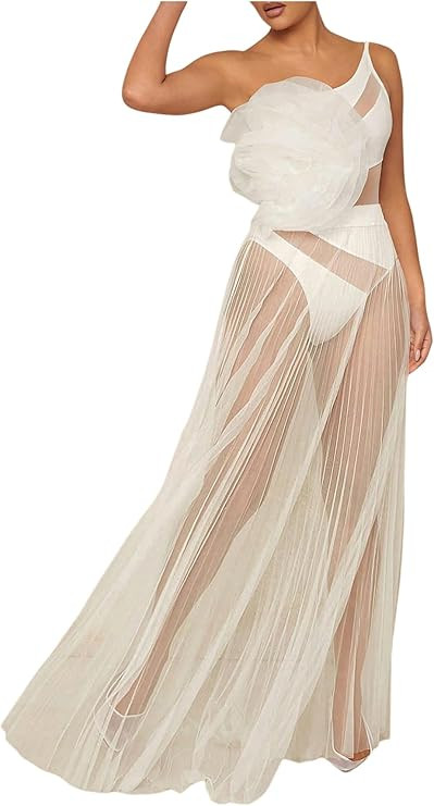 OYOANGLE Women's Sheer Mesh Maxi Flowy Skirt High Waist Vacation Concert Bridal A Line Long Skirt... | Amazon (US)