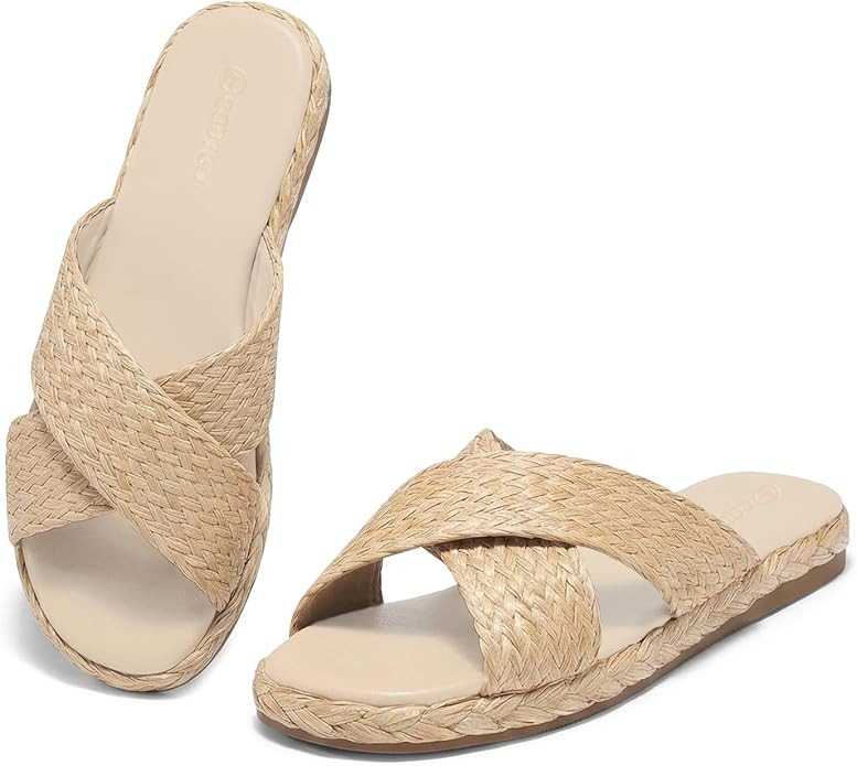 Coutgo Womens Flat Sandals Espadrilles Raffia Open Toe Slides Cross Strap Slip On Summer Dressy B... | Amazon (US)