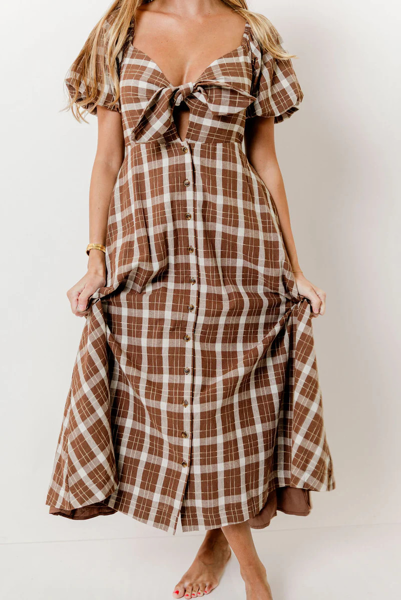 Bruna Front-Tie Midi Dress with Button Detailing in Brown Plaid | Worth Collective