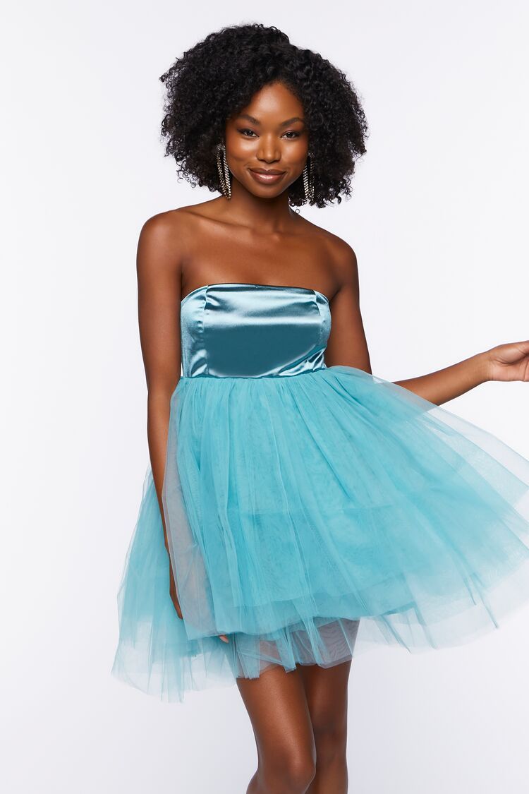 Women's Satin Tulle Mini Dress in Aqua Medium | Forever 21 (US)