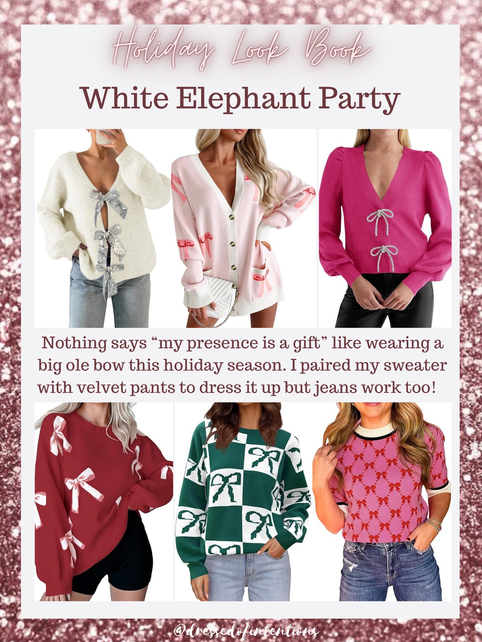 Nothing says “my presence is a gift” like wearing a big ole bow this holiday season. I paired my sweater with velvet pants to dress it up but jeans work too! 

#LTKMidsize #LTKHoliday #LTKStyleTip