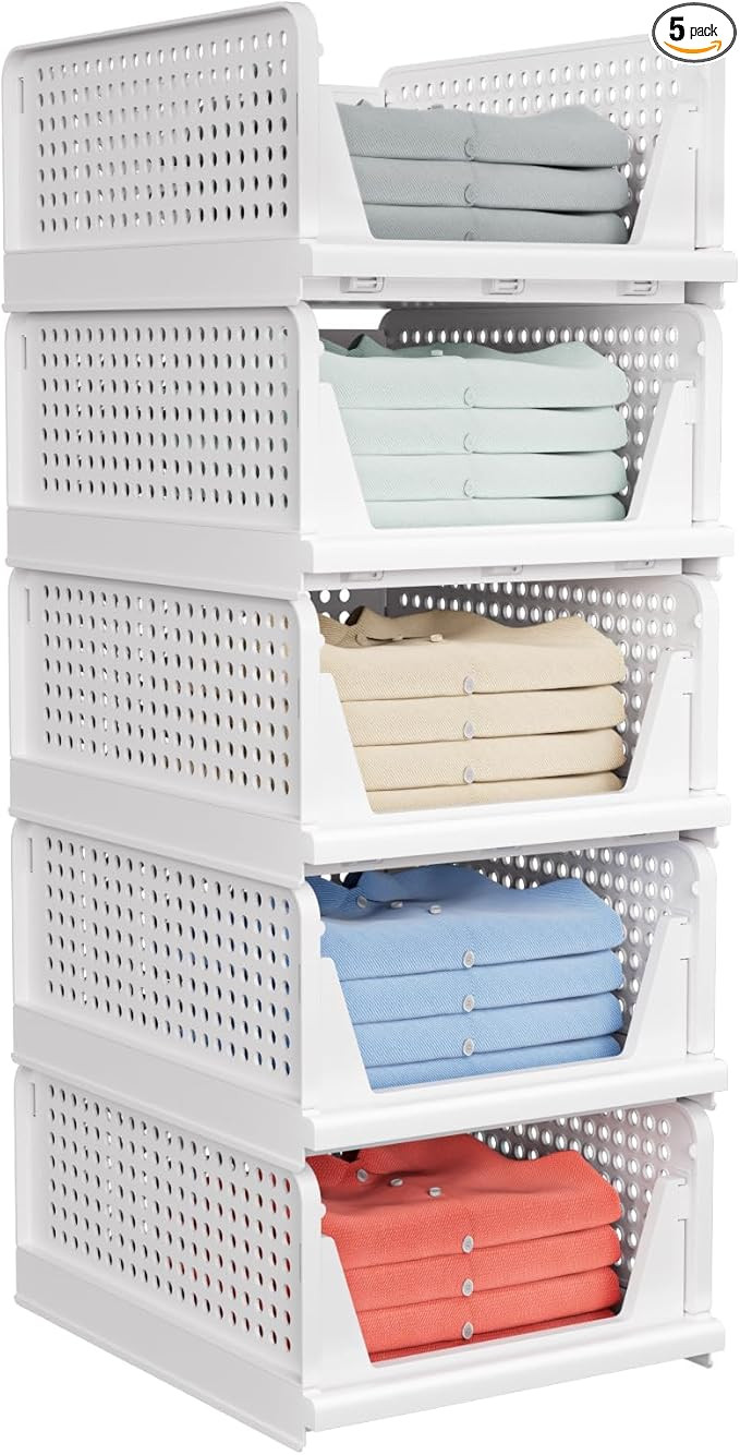 5 Pack Stackable Closet Storage Basket - Stackable Storage Bins, Multifunctional & Foldable Close... | Amazon (US)