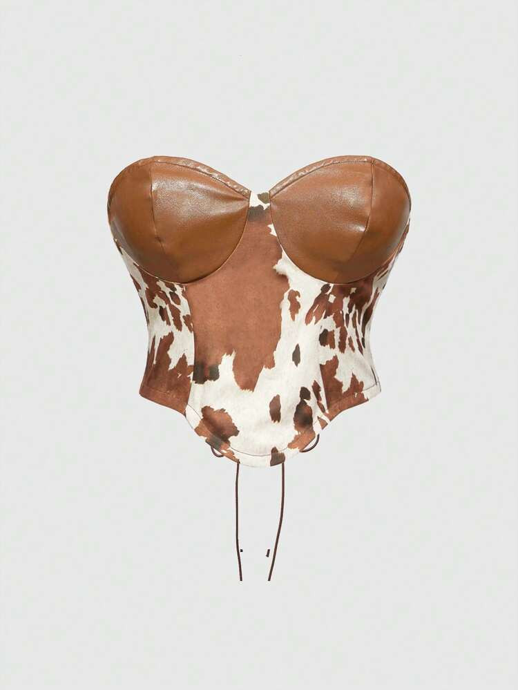 ROMWE Hippie Vintage Western Animal Print Patchwork PU Leather Women Top | SHEIN