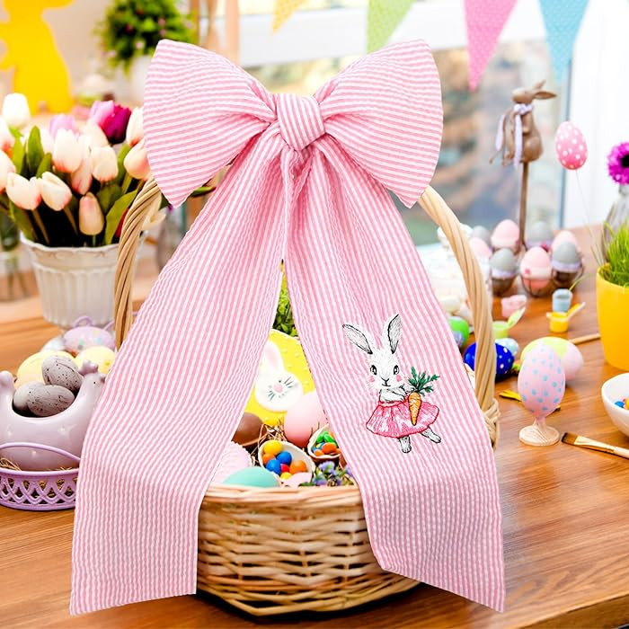 Seersucker Easter Basket Bow Stripe Bunny Baskets Bow with Embroidery Rabbit Large Pastel Gift Bo... | Amazon (US)