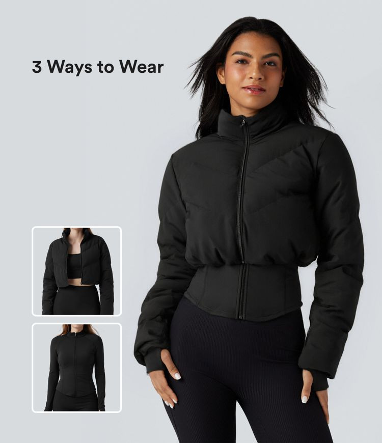 Women’s PuffFlex 3-in-1 Stand Collar Casual Cropped Puffer Coat & Thumb Holes Curved Hem Jacket... | HALARA