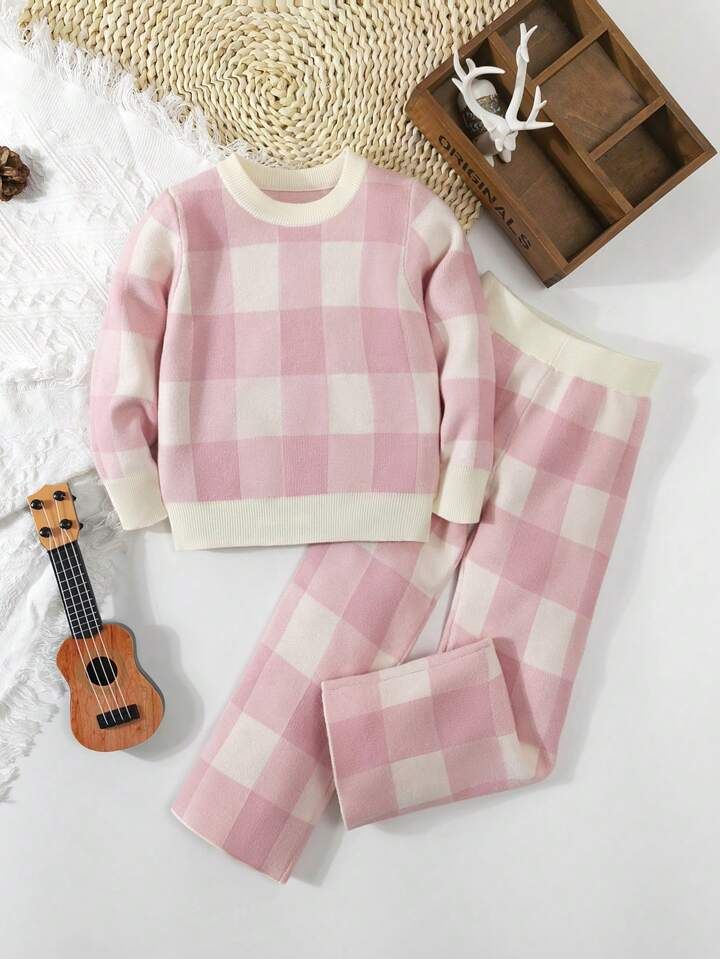 Toddler Girls' Plaid Patterned Sweater And Wide-leg Pants Set, Long Sleeve, Autumn And Winter | SHEIN