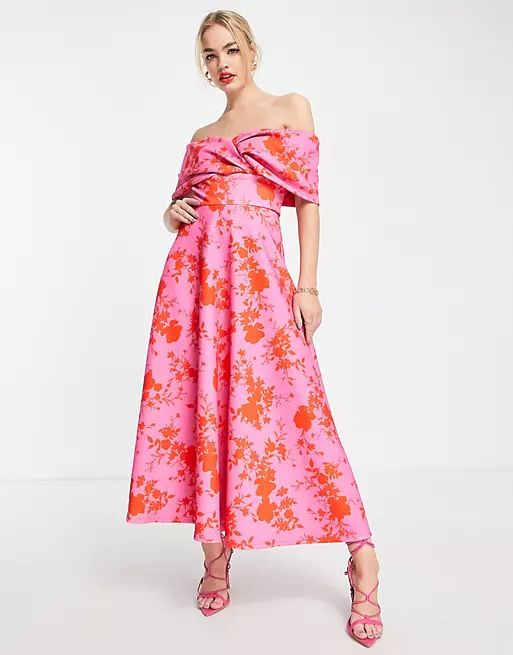 True Violet off shoulder prom midi dress in pink and red floral | ASOS (Global)