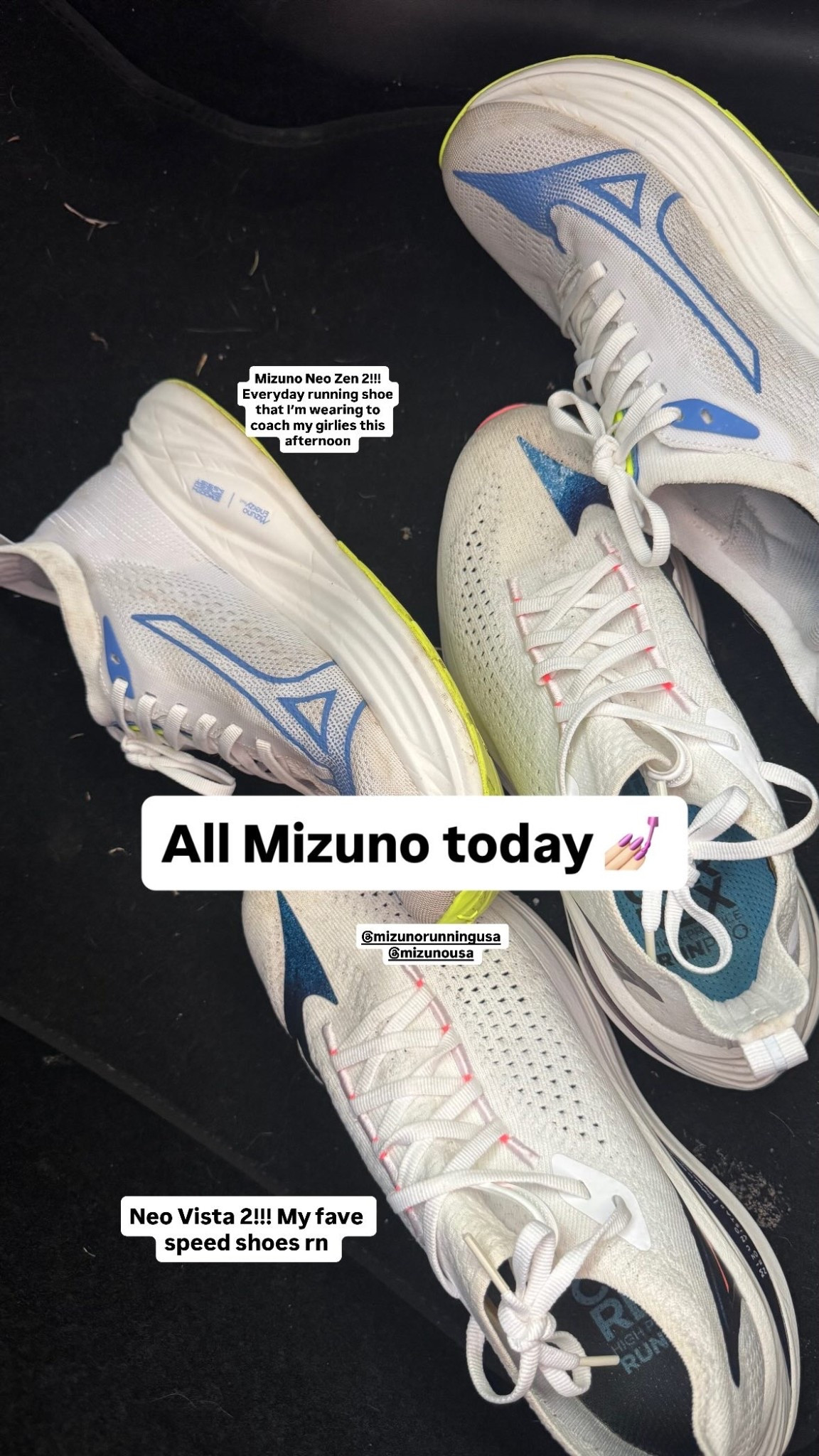 All Mizuno today 💅🏻 Neo Vista 2!!! My fave speed shoes rn  Mizuno Neo Zen 2!!! Everyday running shoe that I’m wearing to coach my girlies this afternoon  @mizunorunningusa @mizunousa