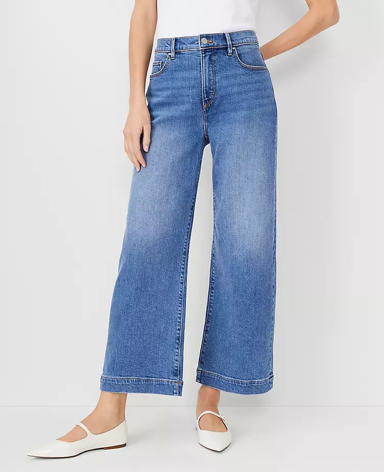 Petite AT Weekend High Rise Wide Leg Crop Jeans in Medium Stone Wash | Ann Taylor (US)
