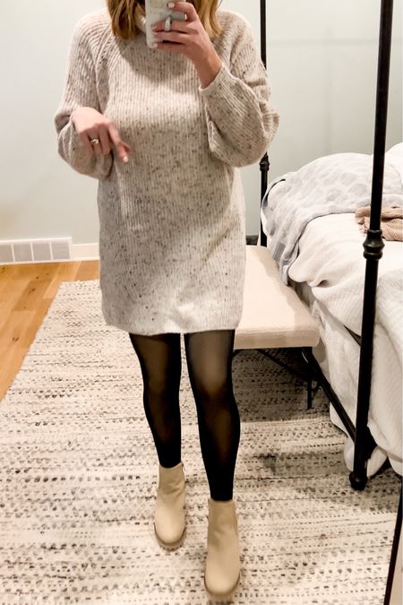 Size up on these fuzzy tights! I am in the XL size! Sweater dress and boots fits TTS! 

#LTKHoliday #LTKSeasonal #LTKmidsize