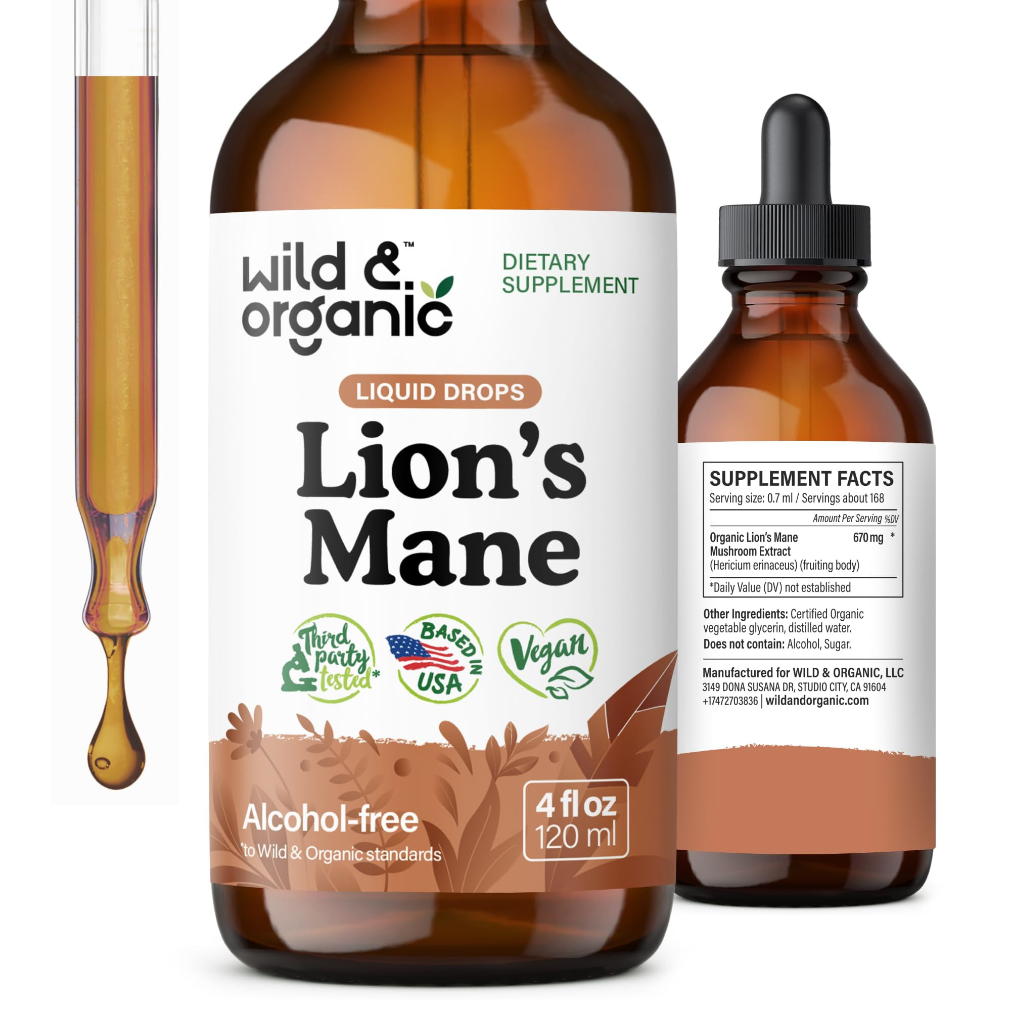 Wild & Organic Lions Mane Liquid Drops - Brain & Focus Support - Lion's Mane Mushroom Supplement ... | Amazon (US)