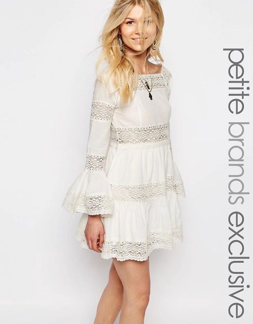 White Cove Petite All Over Lace Bell Sleeve Panelled Skater Dress at asos.com | ASOS UK