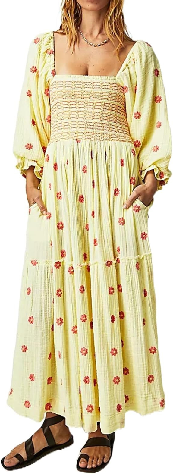 Chloefairy Women's Flower Embroidered Maxi Dress Lantern Sleeve Square Neck Tiered Flowy Spring F... | Amazon (US)