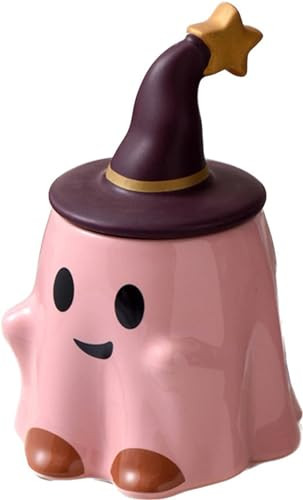 KKGUD Novelty Tea Cup, Ceramic 11oz Halloween Coffee Mug with Lid- Friendly Ghost (Pink) | Amazon (US)