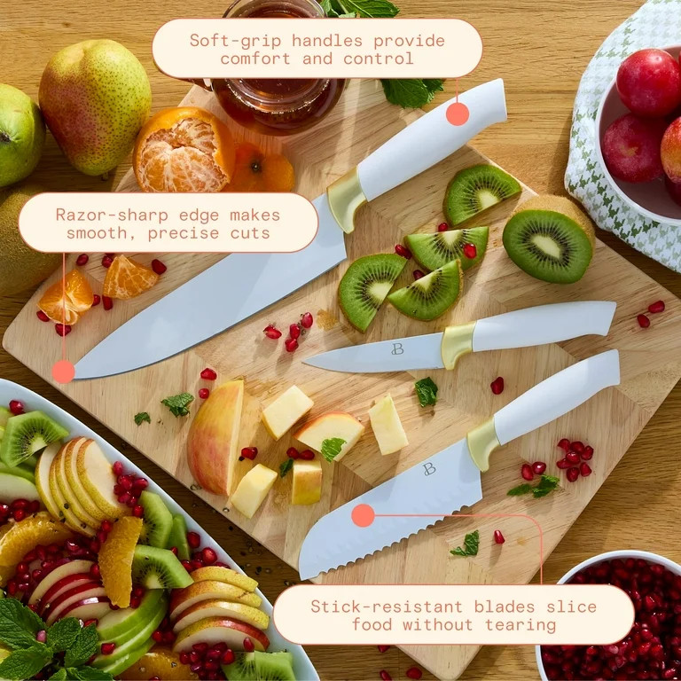 Beautiful 14-Piece White & Gold Knife Block Set with 11x14 Herringbone Wood Cutting Board by Drew... | Walmart (US)