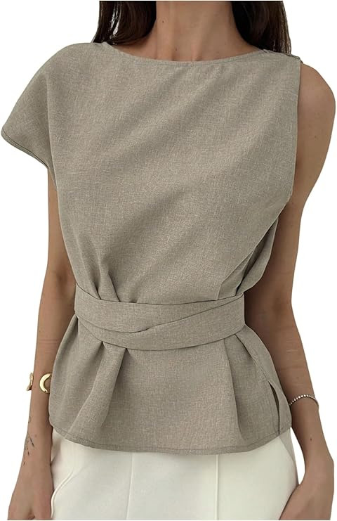 MakeMeChic Women's Office Blouse Cap Sleeve Asymmetrical Crew Neck Belted Shirt | Amazon (US)