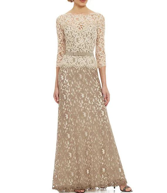 Illusion Boat Neck 3/4 Sleeve Two Tone Floral Lace Scallop Hem Belted Gown | Dillard's