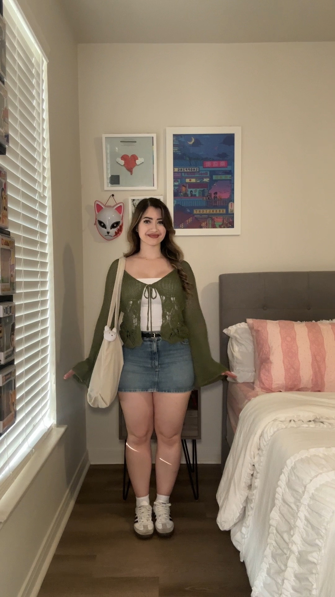 denim skirt and cardigan summer outfit