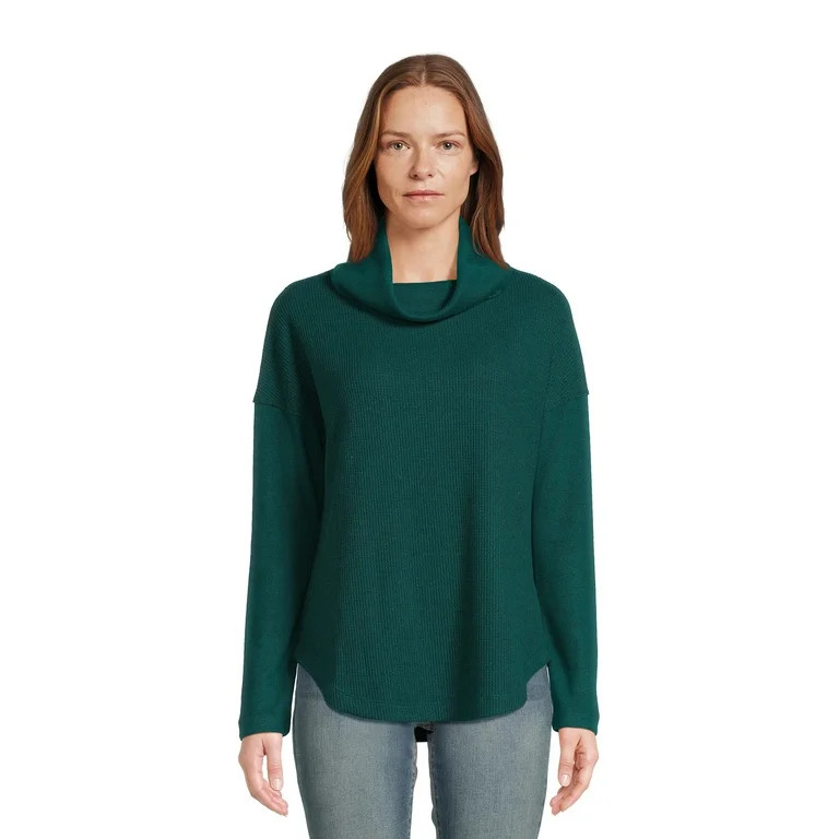 Time and Tru Women's Cowl Waffle Tunic with Long Sleeves, Sizes XS-3XL | Walmart (US)