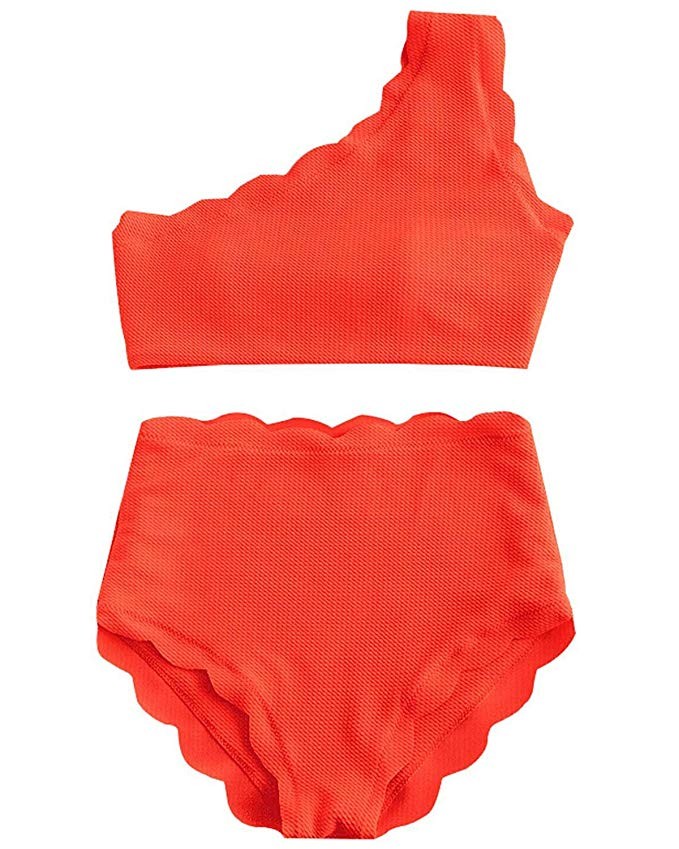 High Waisted Swimsuit Two Piece Bikini Set Scalloped Vintage Women Off Shoulder Elastic Swimwear | Amazon (US)