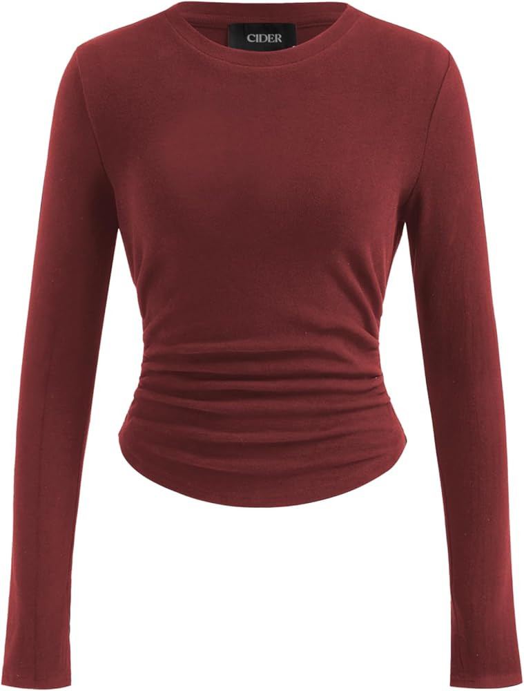 CIDER Long Sleeve Tops for Women Thermal Shirts Crew Neck Ruched Basic Fall Top Slim Fitted Casua... | Amazon (US)