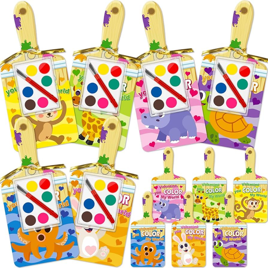 24 Pack Valentines Day Gifts for Kids, Valentines Cards with Watercolor Paint Set, Valentines Car... | Amazon (US)