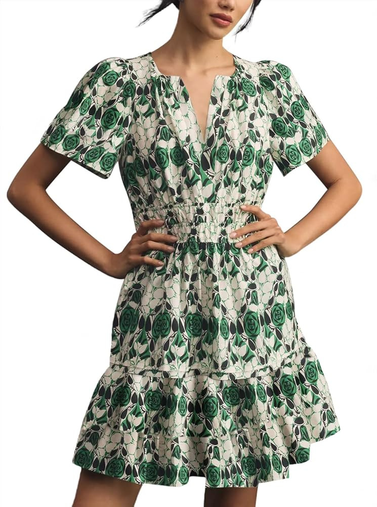 Duigluw Beach Dresses for Women Short Sleeve V-Neck Boho Summer Ruffle A-Line Casual Dress Dark G... | Amazon (US)