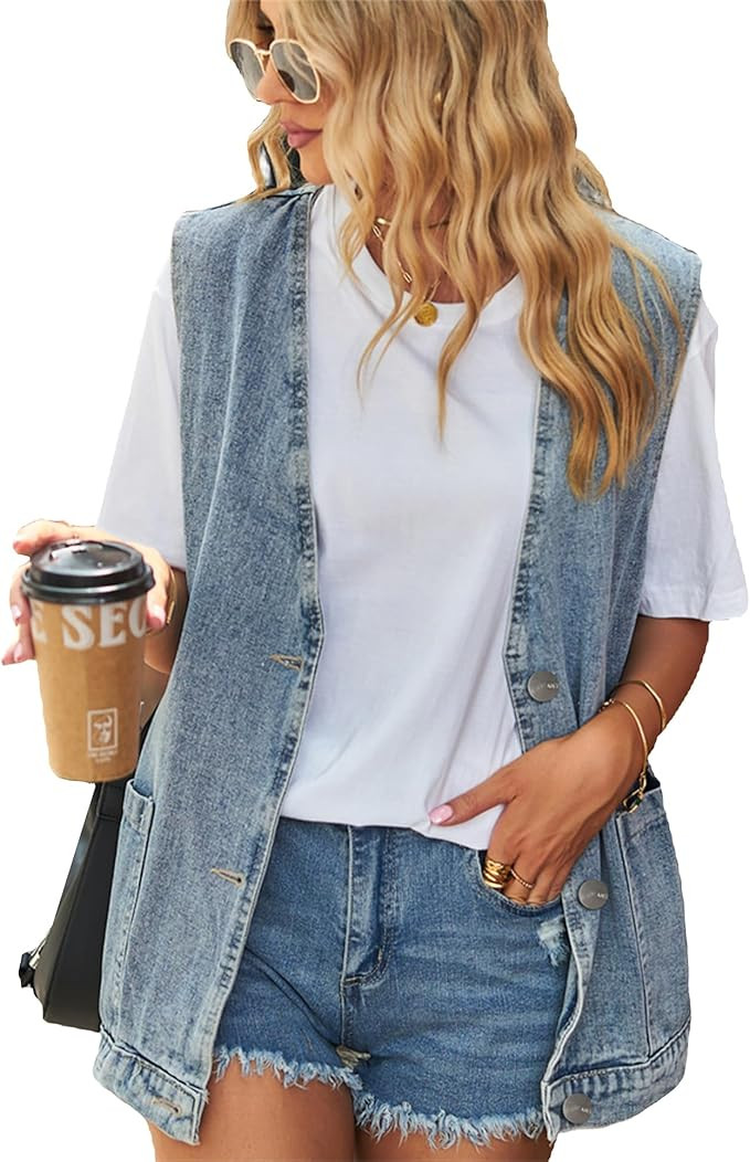PAODIKUAI Women's Oversized Denim Vest Mid Long Jean Vest Sleeveless Jackets Distressed Vest Cott... | Amazon (US)